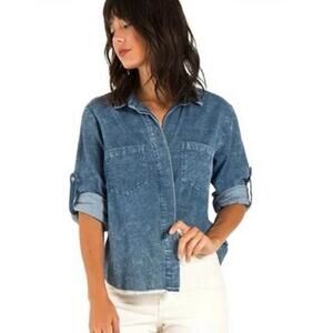 Cloth & Stone Corduroy Button Down Denim Raw Hem Shirt Size XS Retro Oversized